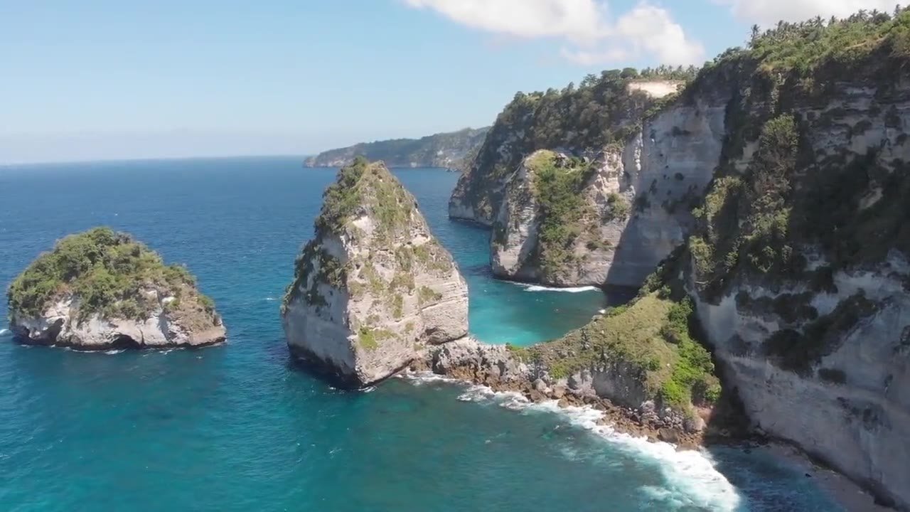 Atuh Beach and Diamond Beach from the air, on the east coast of Nusa Penida