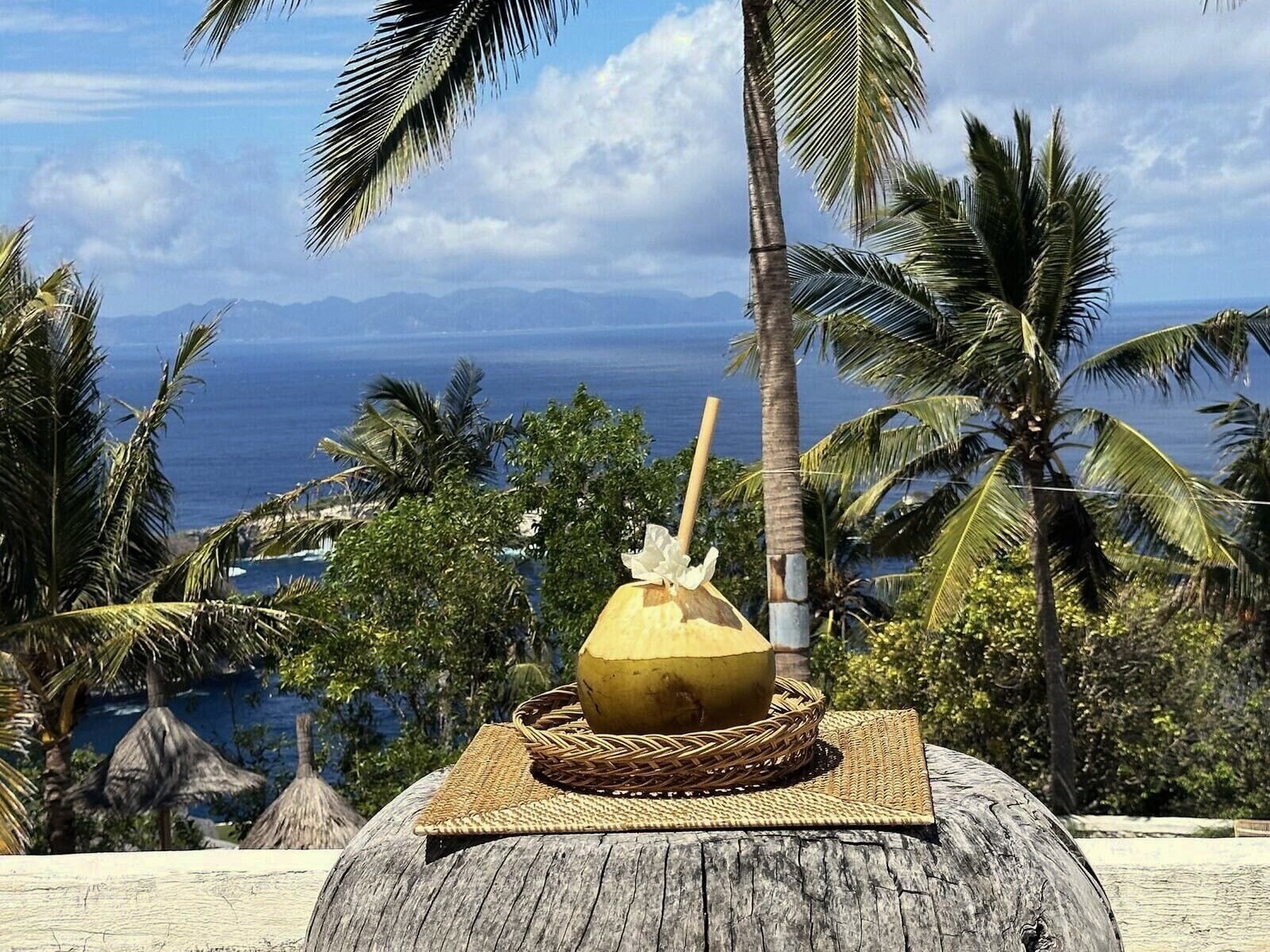 A fresh coconut on the terrace with a view of the sea